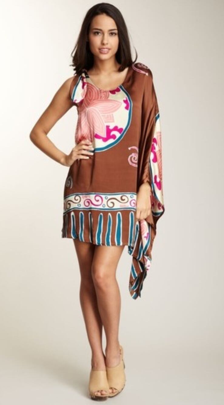 Voom Joy Han Silk One Shoulder Dolman Sleeve Mini Dress Brown M